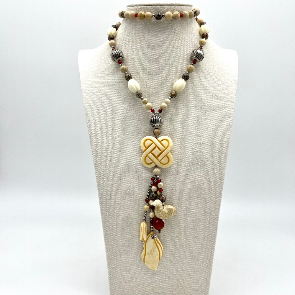 Lee Sands Beaded Pendant Necklace with Bird Charm, Celtic Knot, Boho Chic, Long